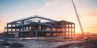 A construction site with building framework at sunrise.