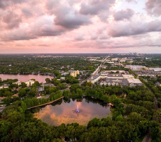 Pink sunset over Lake Lily in Maitland, FL