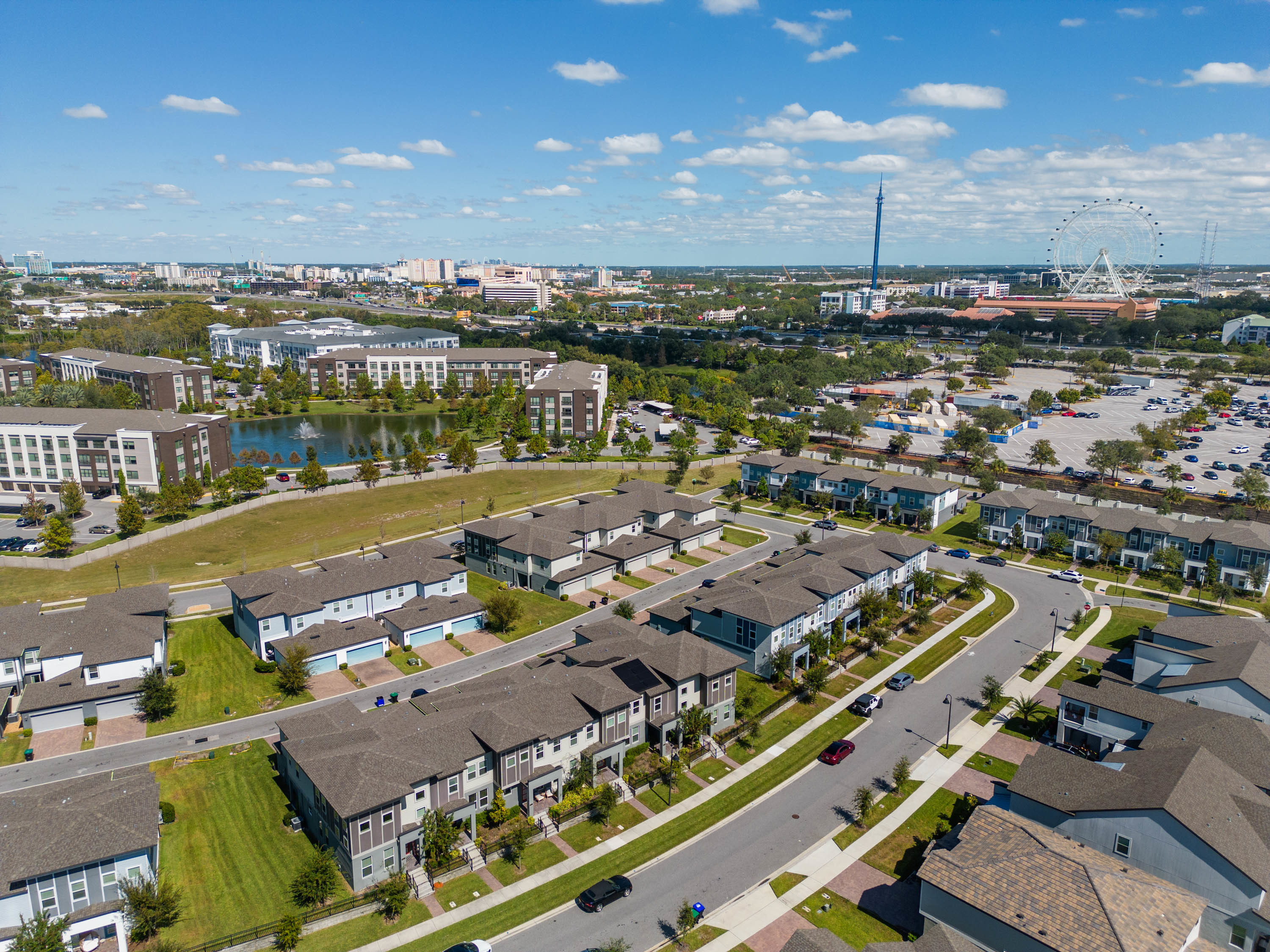 drone shot of doctor phillips townhomes with icon park in the background