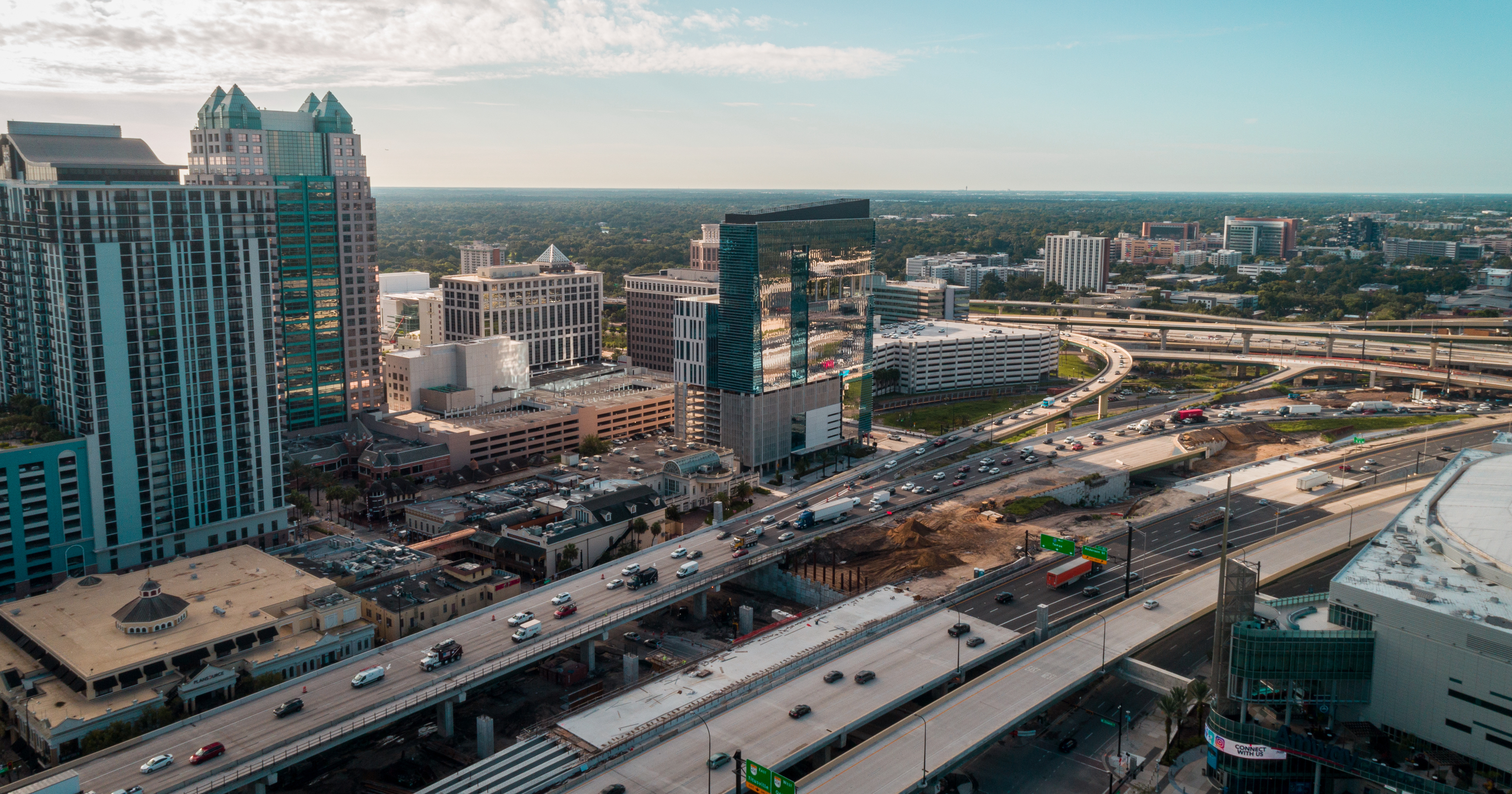 drone shot of downtown orlando and interstate 4