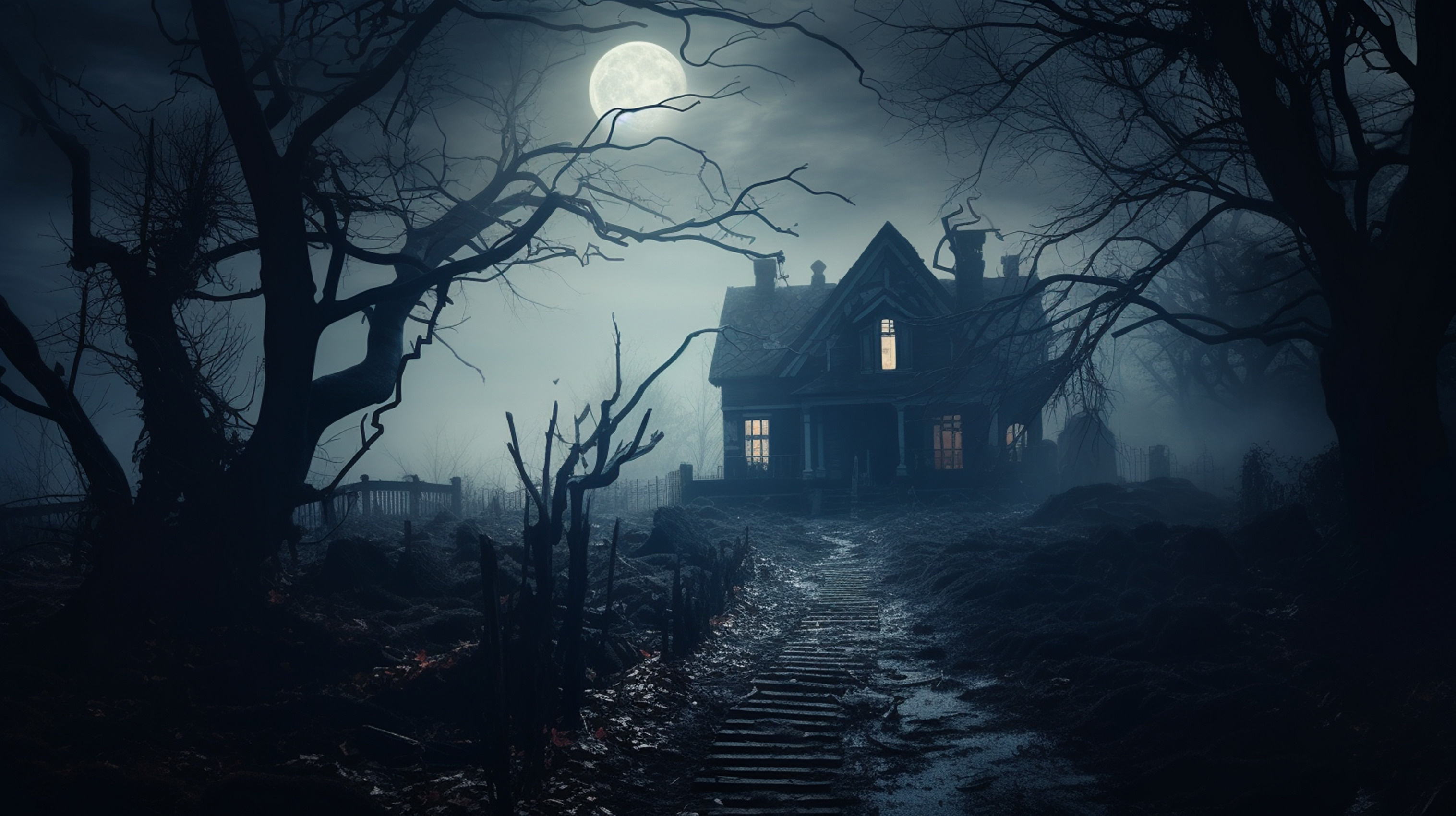haunted house at night in the woods with a full moon