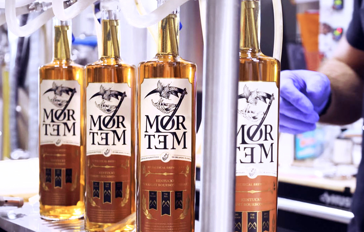 Liquor bottles on a filling line.