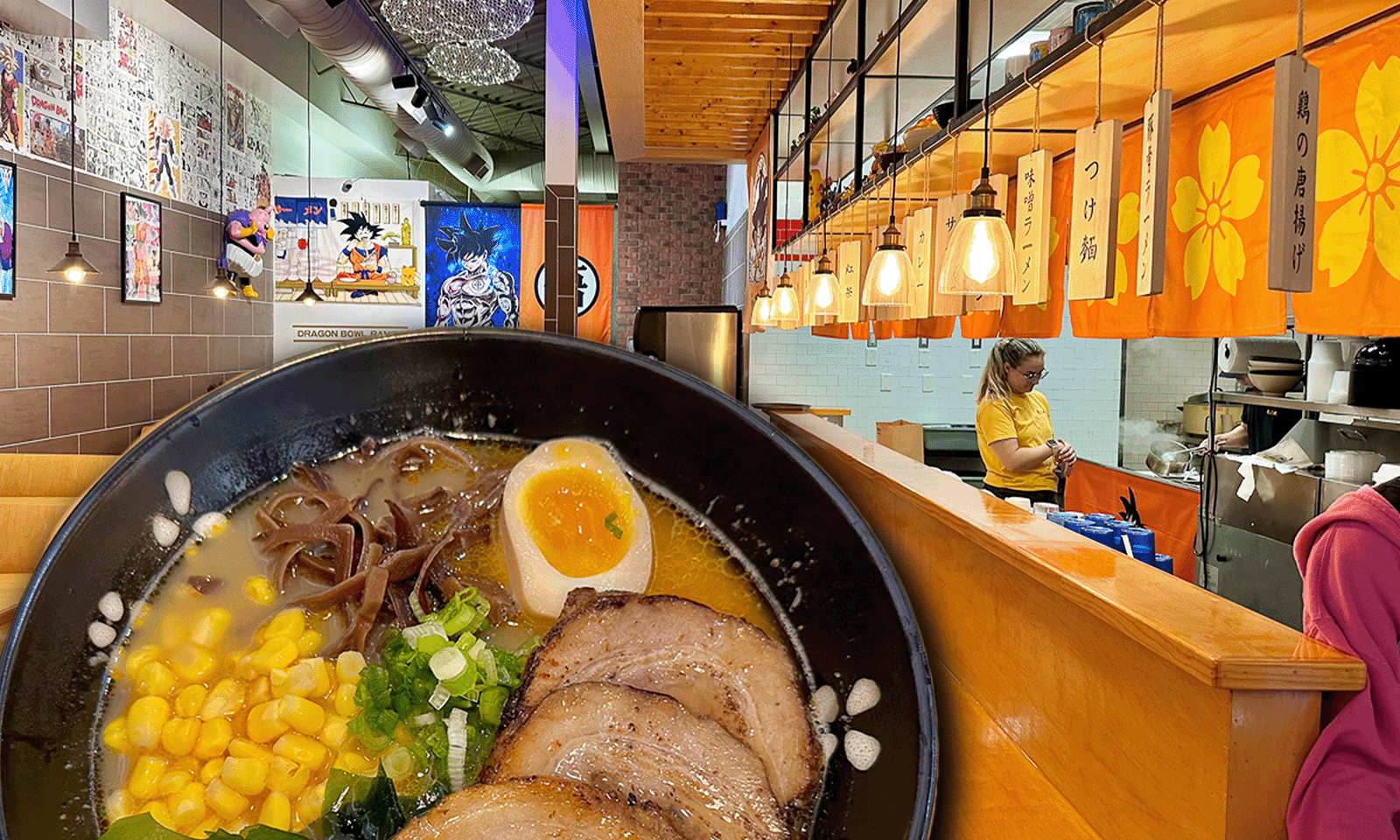 inside restaurant with japanese posters and a big bowl of ramen
