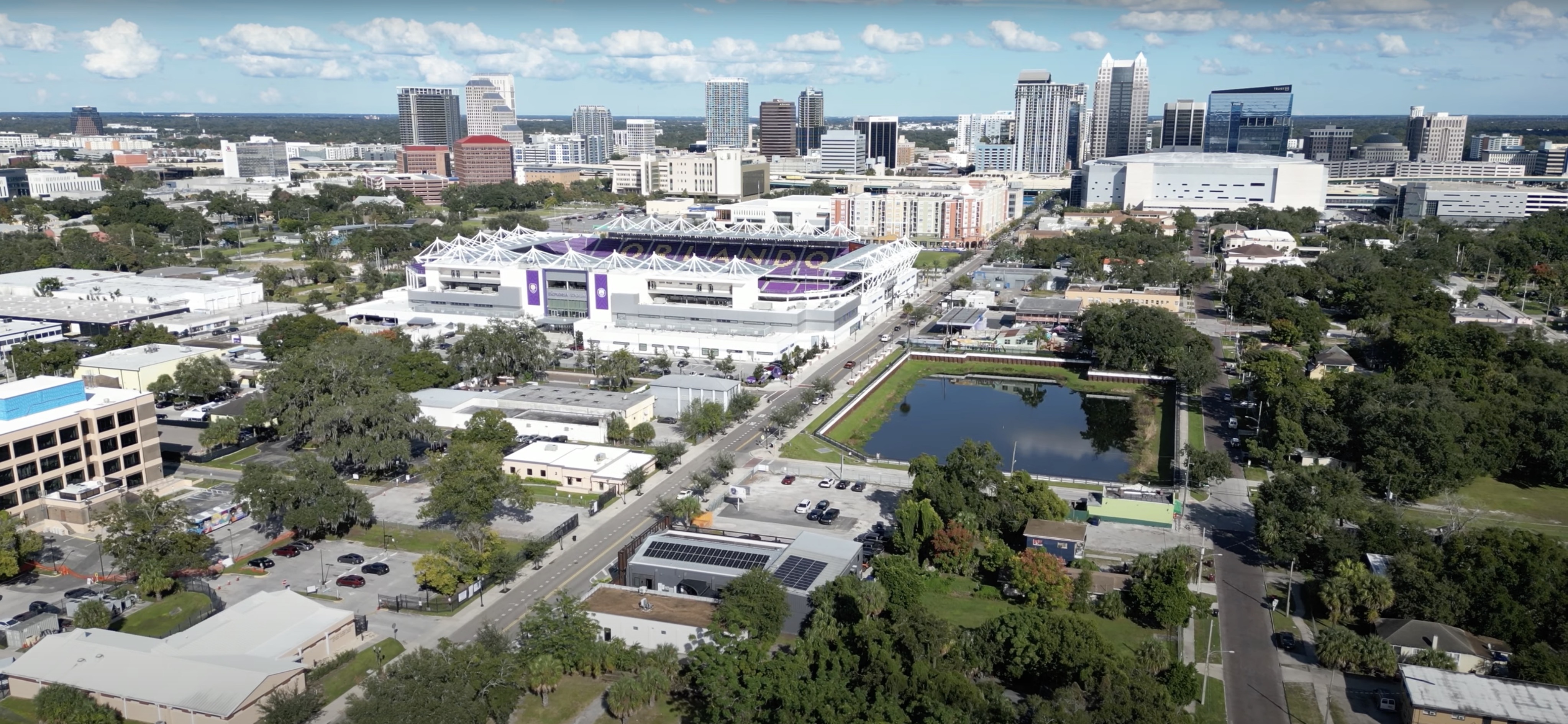 downtown orlando drone shot with orlando city stadium and parramore