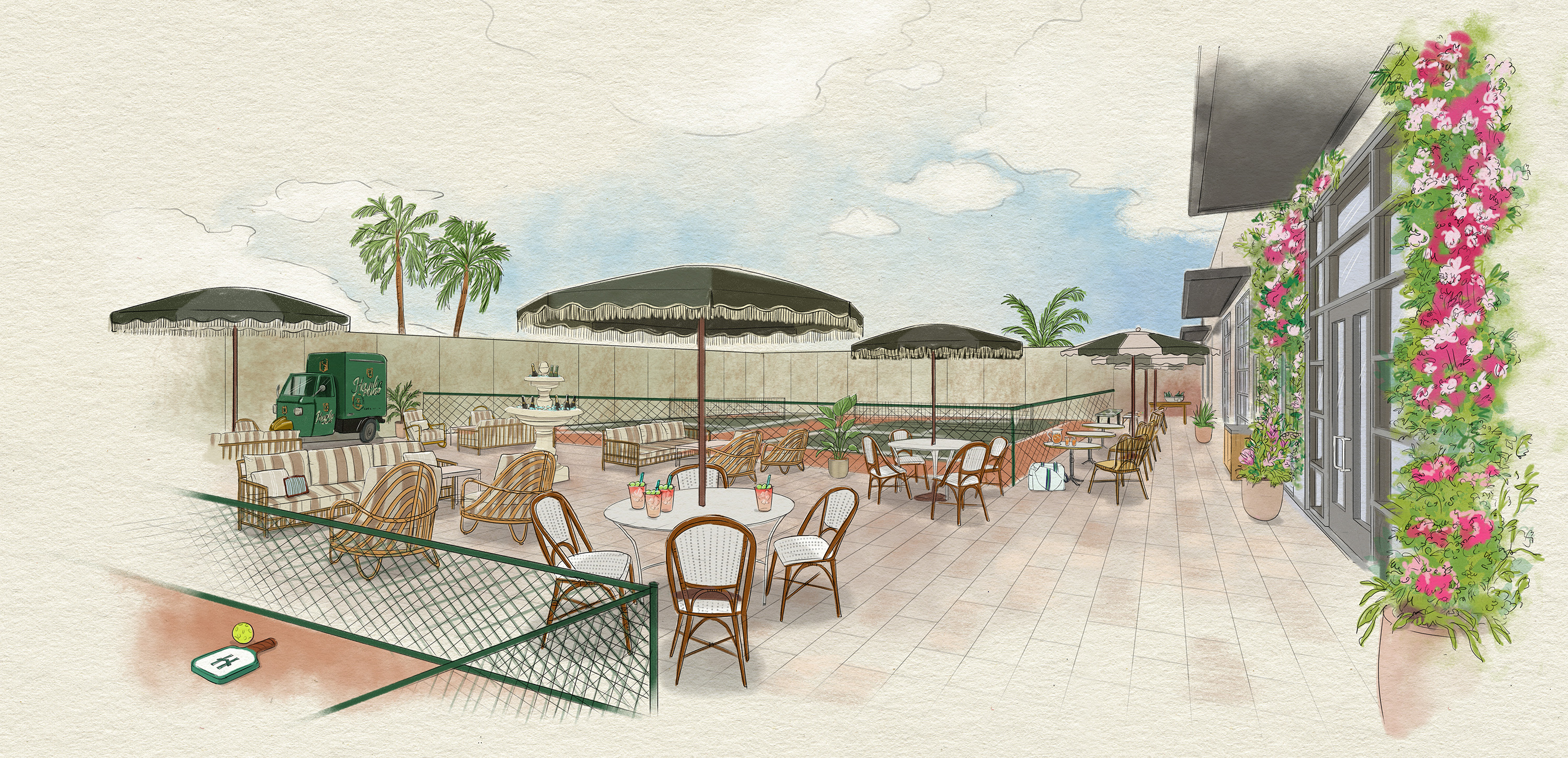 A rendering of outdoor courts at Hamlin House Paddle & Social Club at SoDO.
