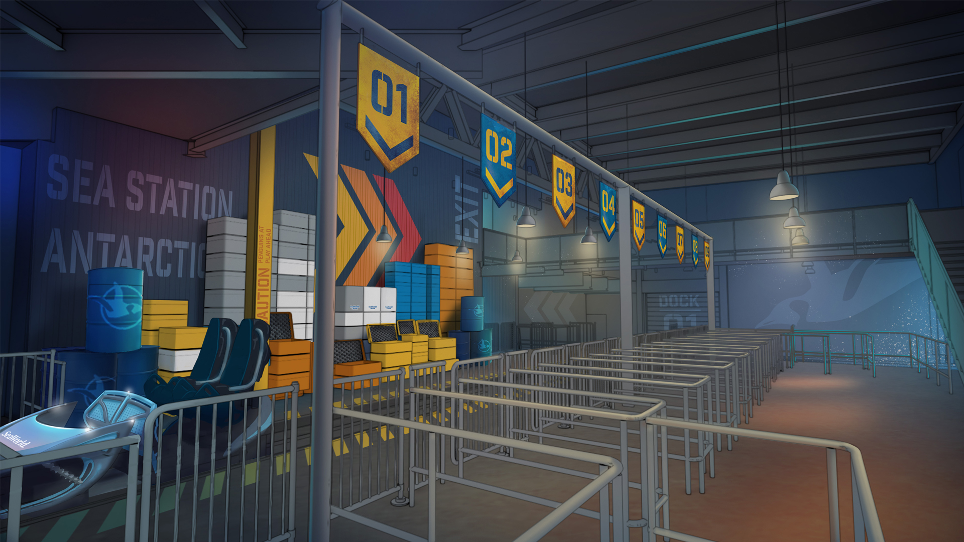 loading area for the coaster with blue and yellow banners