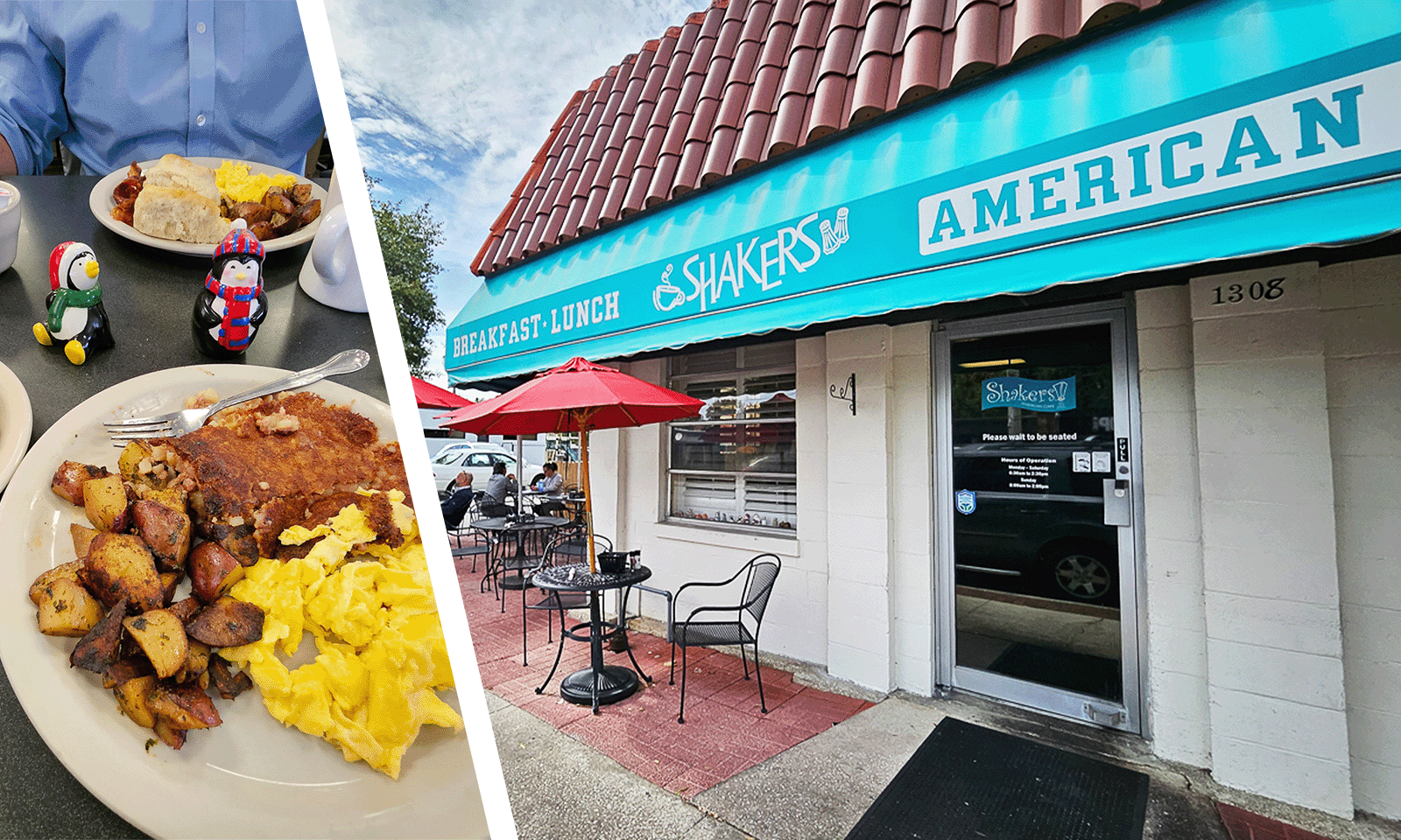 two images with front of restaurant with blue awning and plates of breakfast food