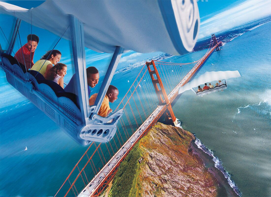 An illustration of people flying over the Golden Gate Bridge