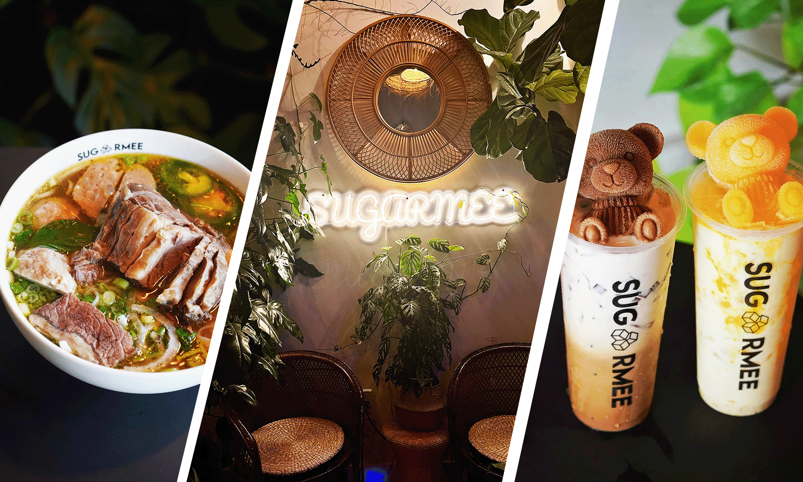 three images with sugarmee food and drinks and light up sign