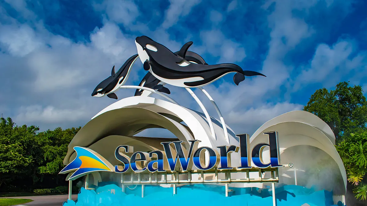 seaworld entrance sign with orcas
