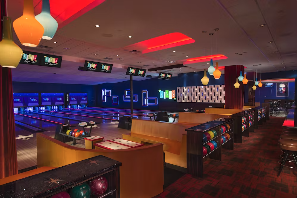 bowling alleys with retro decor and red and blue lights