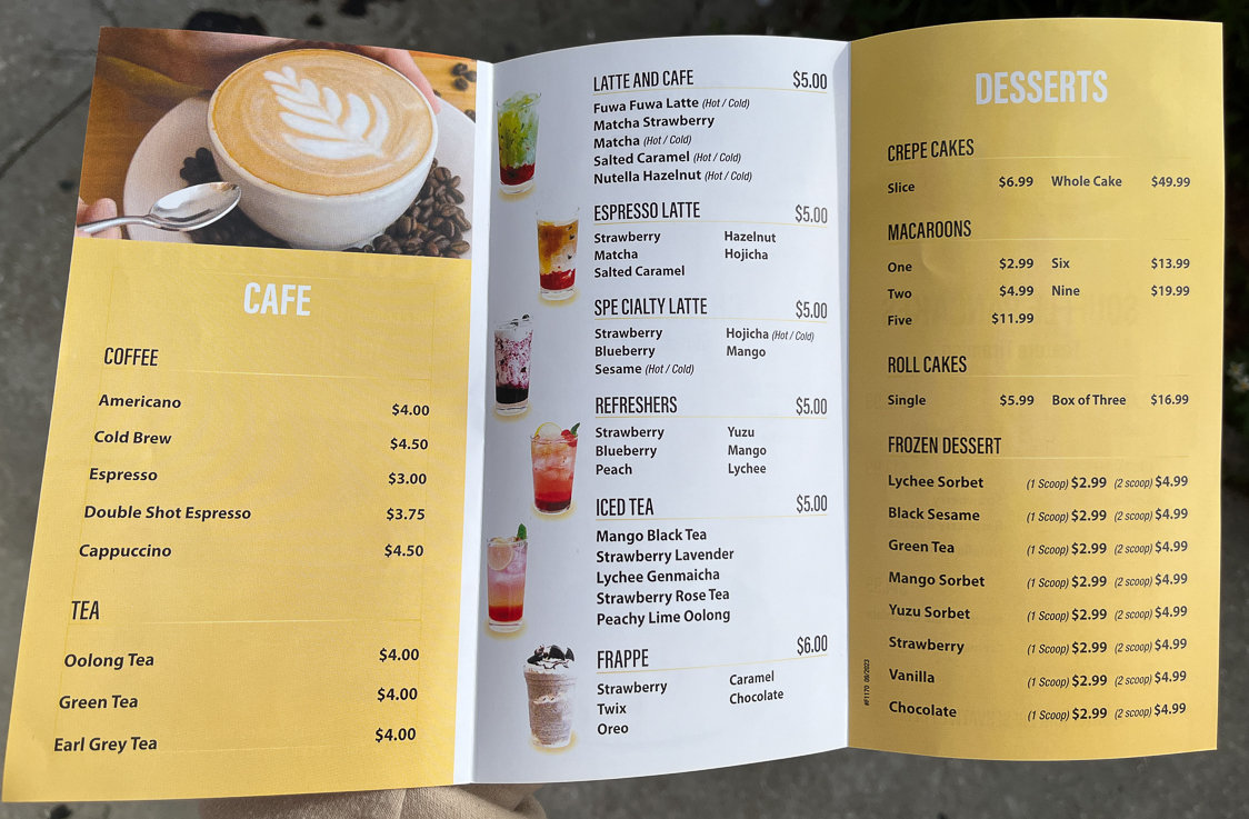 back side of menu with other dessert options and drinks