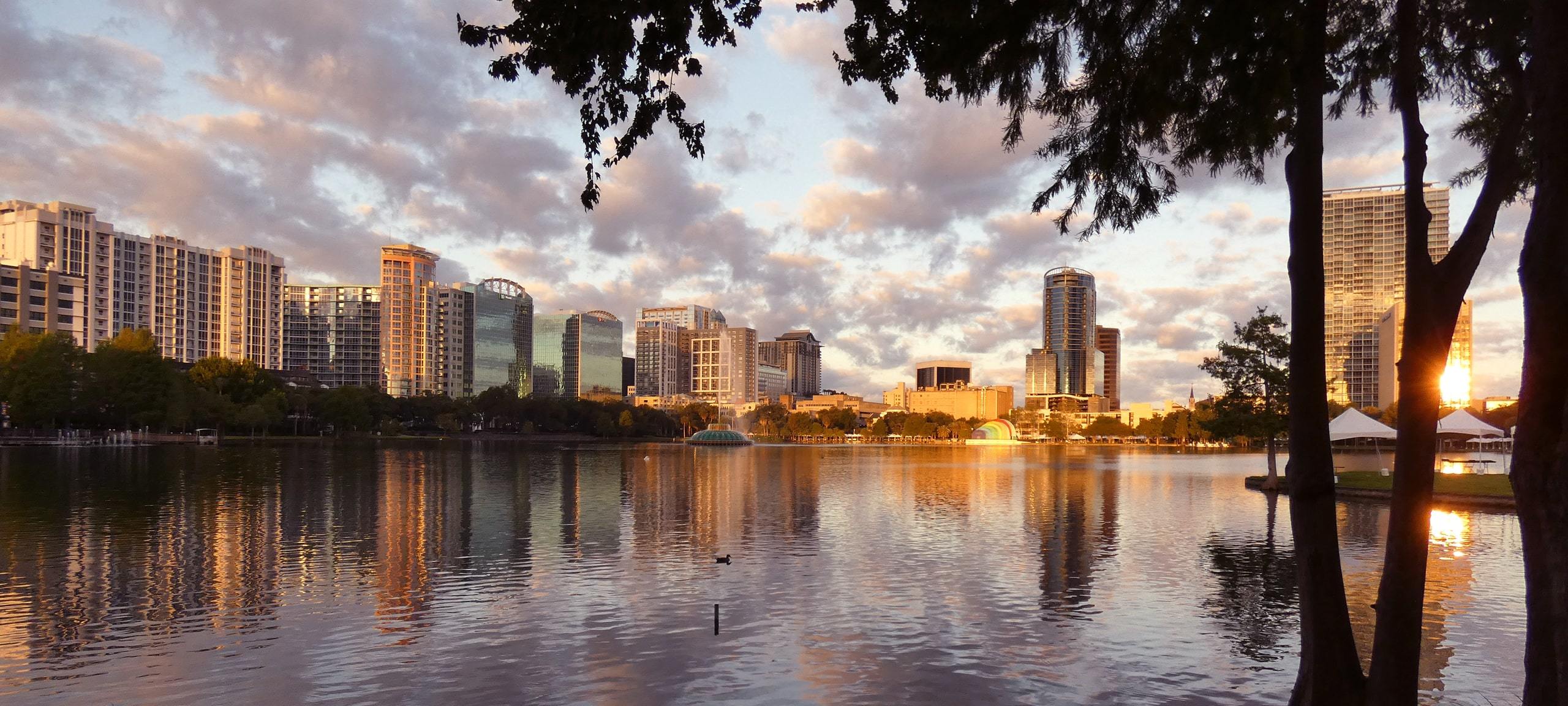 Sunset over Lake Eola condos in Downtown Orlando