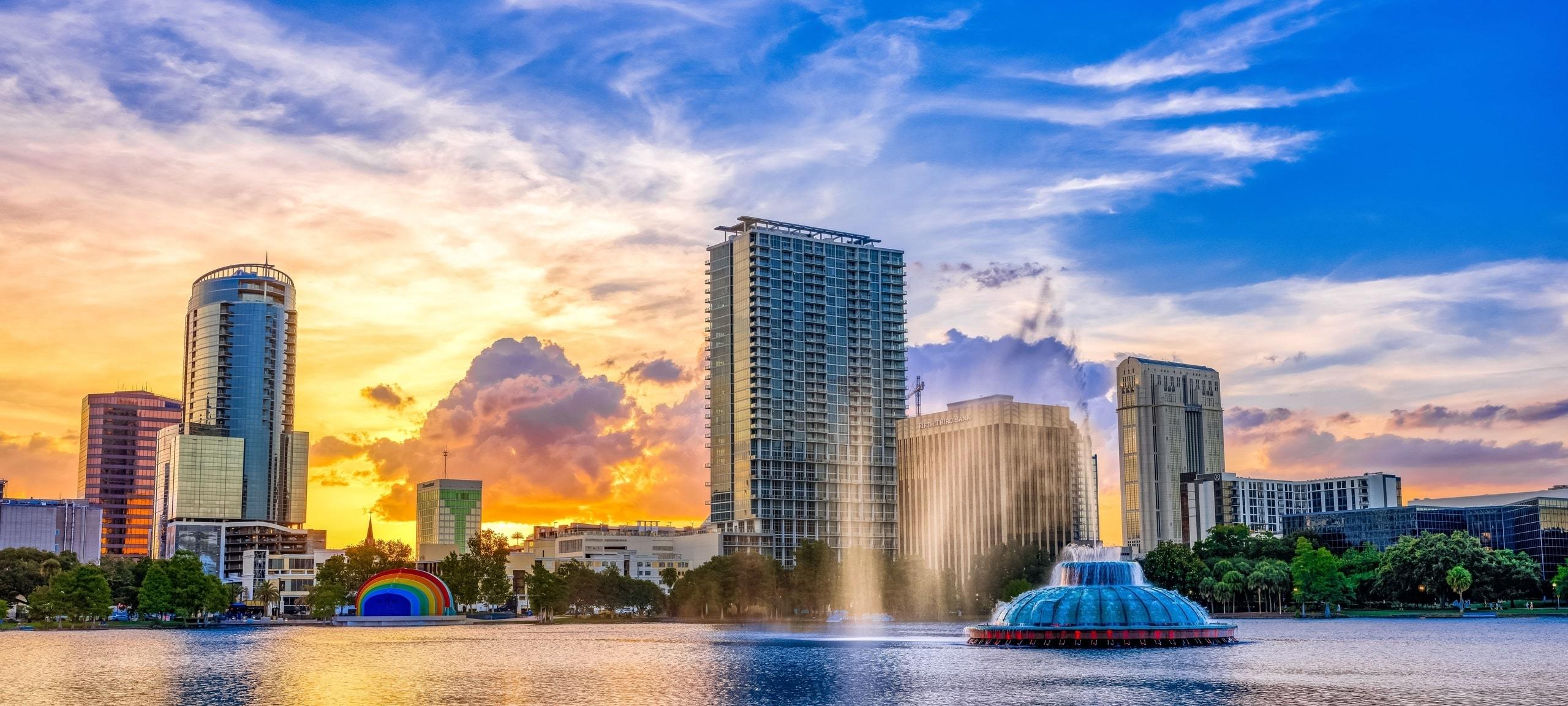 Sunset over Lake Eola Park in Downtown Orlando