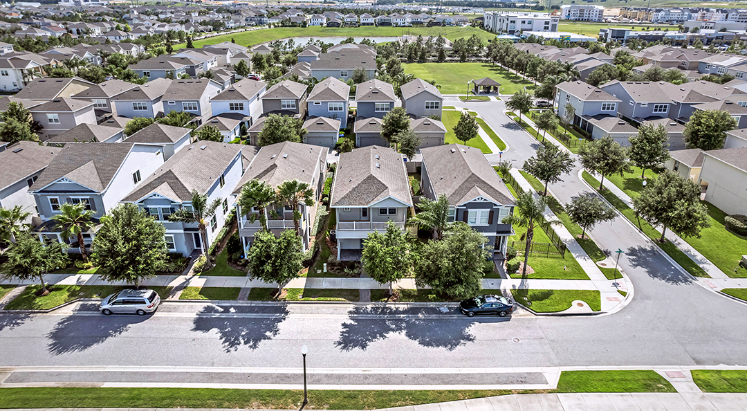 Aerial view of a residential subdivision.