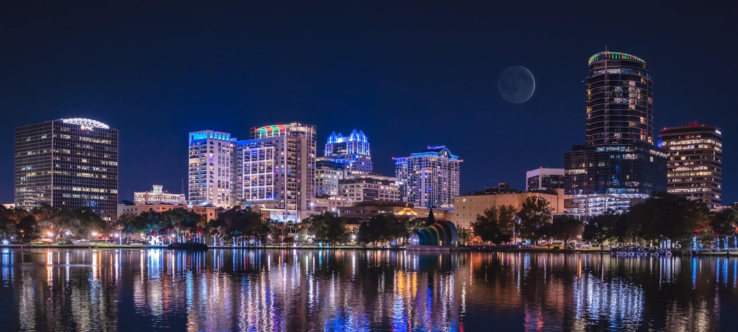 Night view of downtown Orlando waterfront condos