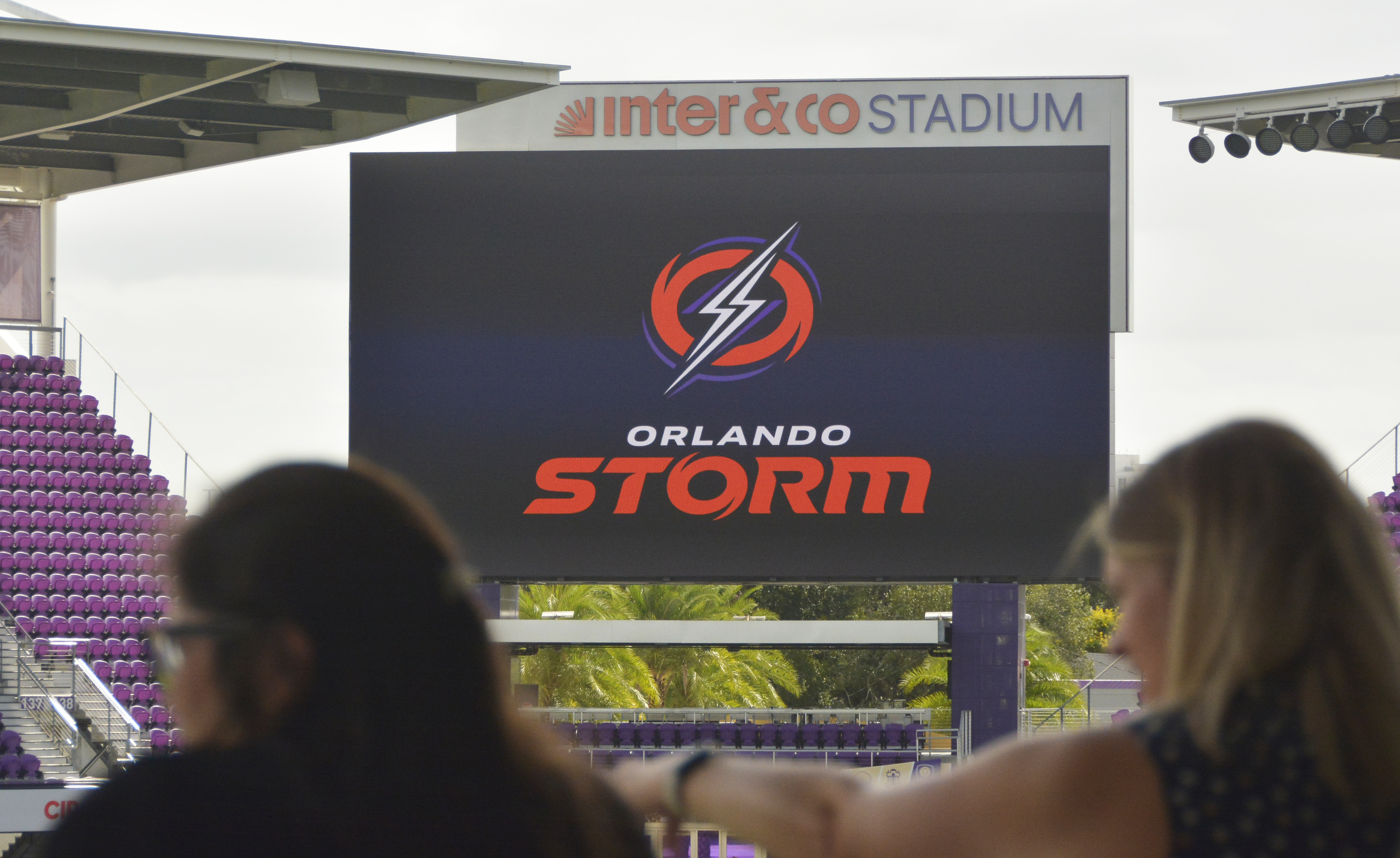The Orlando Storm logo adorns the scoreboard at Inter & Co Stadium.