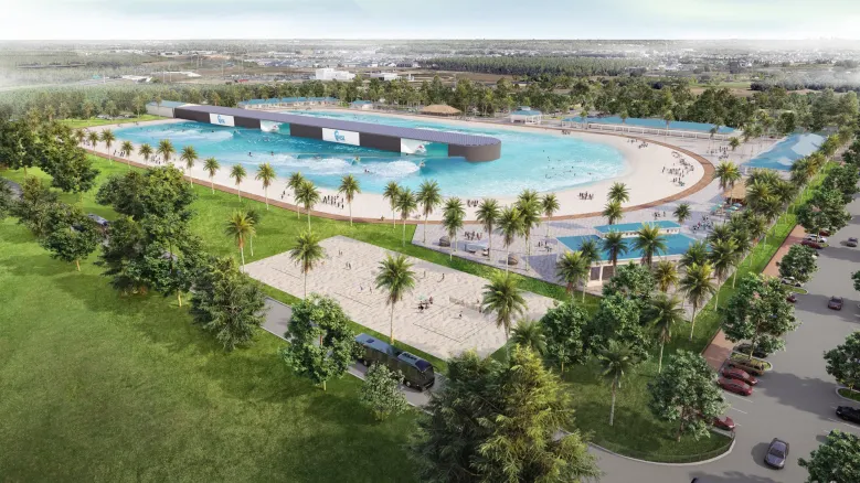 concept image of horizon west surf park with lots of trees and greenery